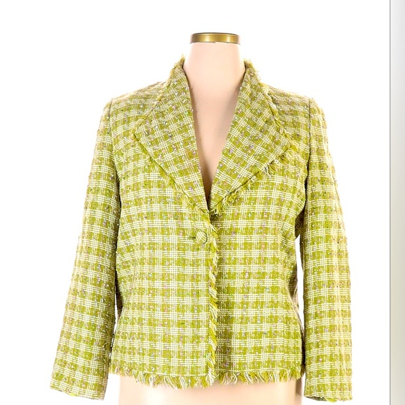 Carlucci Jackets & Blazers - Women’s Plus Blazer, Frayed Trim 2X, Celery Green, Tweed Plaid